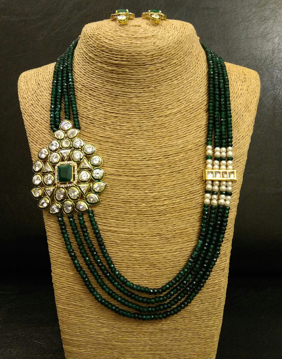 Kundan Side brooch and Green bead strings Necklace with Earrings Set - Ziva Art Jewellery