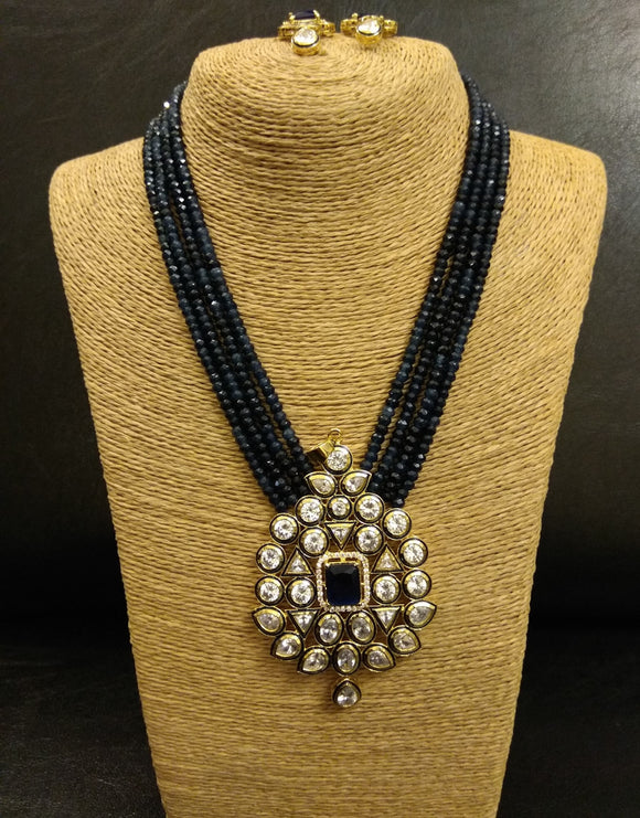 Kundan Pendant and strings of Blue beads Necklace with Earrings Set - Ziva Art Jewellery