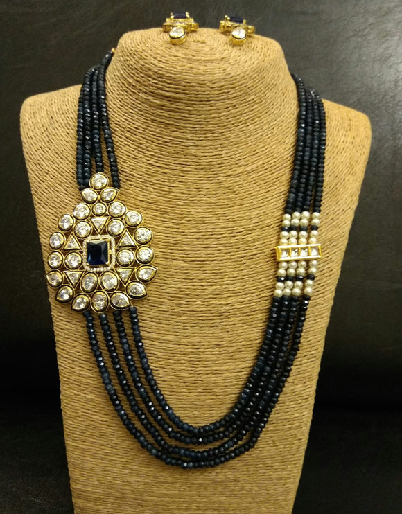 Kundan Side brooch and strings of Blue bead Necklace with Earrings Set - Ziva Art Jewellery