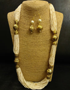 Pearl Necklace with Antique Gold Beads and Earrings - Ziva Art Jewellery