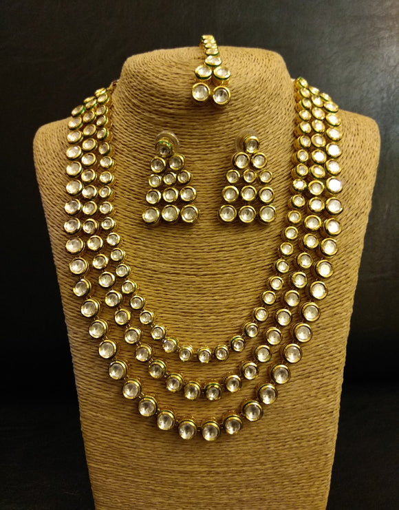 Triple line Kundan long Necklace with Earrings and Tikka - Ziva Art Jewellery
