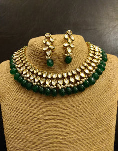 Double Line Kundan Necklace with Emerald drops and Earrings - Ziva Art Jewellery