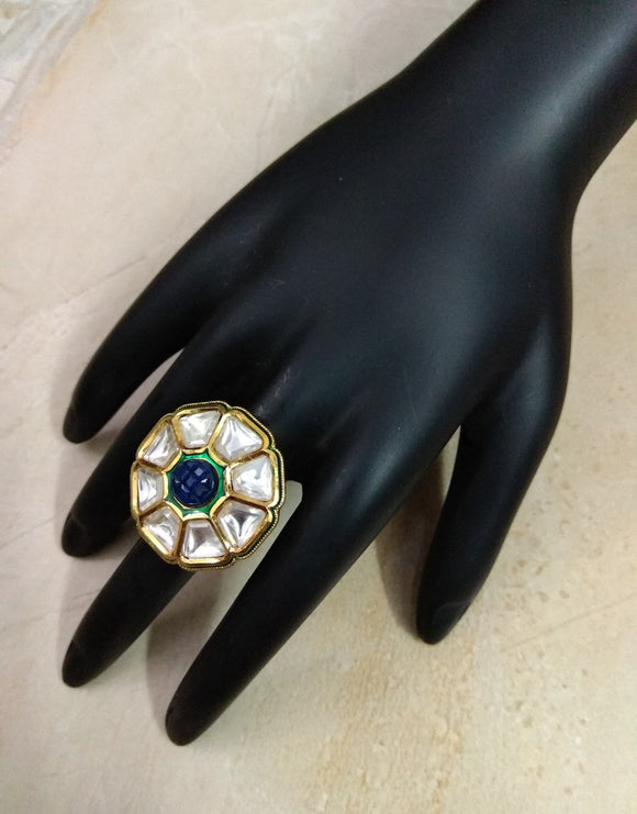 Kundan Ring with Sapphire stones - Ziva Art Jewellery