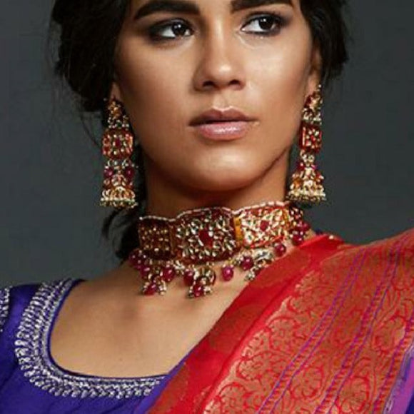 Ruby Meenakari Chokar with Earrings Set - Ziva Art Jewellery