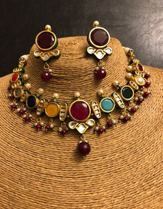 Navratan Necklace Set with Earrings - Ziva Art Jewellery