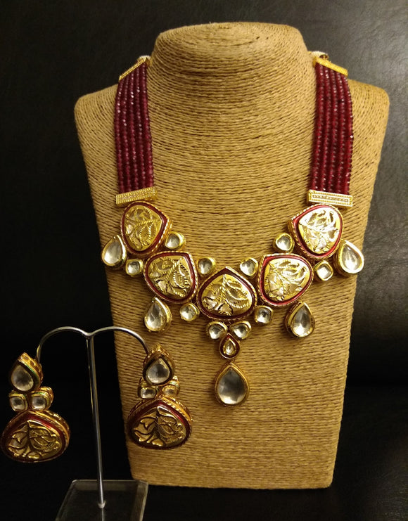 Jali Kundan Ruby Necklace with Earrings Set - Ziva Art Jewellery