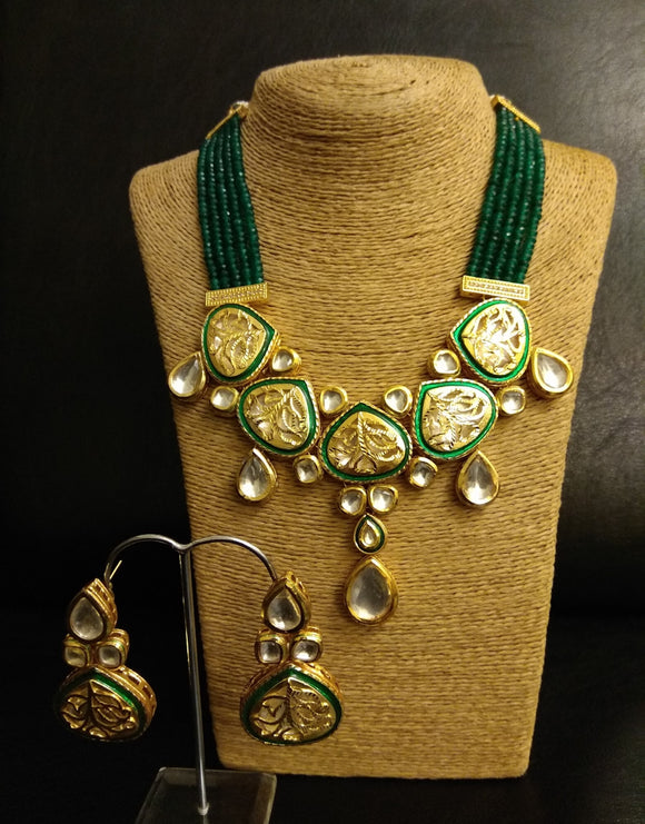 Jali Kundan Emerald Necklace with Earrings Set - Ziva Art Jewellery